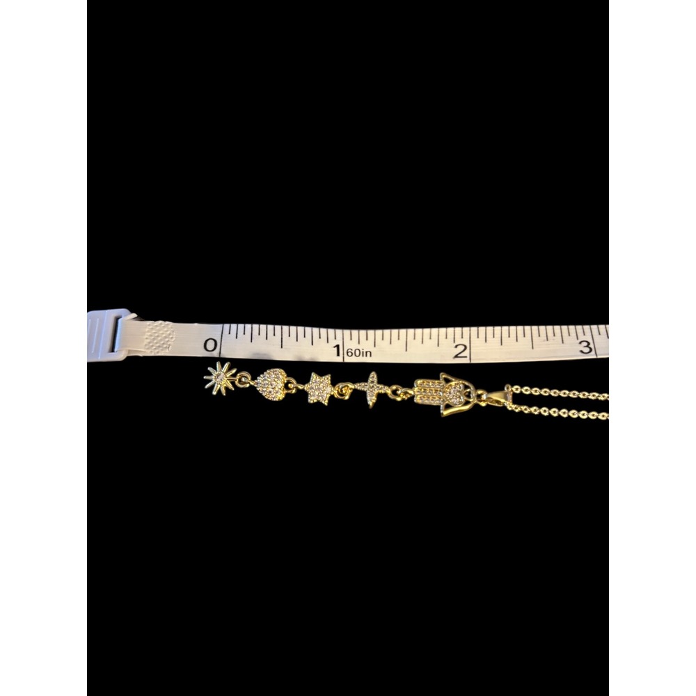 NWOT Gold Tone Faith Charm Necklace Hamsa Cross Star Heart Pave CZ 18" - Picture 3 of 6